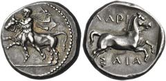Greek Coins. Larissa. Drachm circa 420-400, AR 6.16 g. Thessalos, wearing cloak and petasus, leaping l., both feet off the ground, holding a running bull by a band around its head. Rev. ΛΑΡΙ / ΣΑΙΑ Br