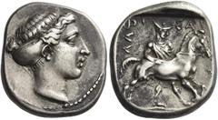 Greek Coins. Larissa. Drachm circa 420-400, AR 6.11 g. Head of the nymph Larissa r., wearing sakkos. Rev. ΛΑΡΙ – ΣΑΙ – Thessalos, wearing petasus and chlamys, standing r., restraining a bridled horse 