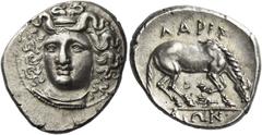 Greek Coins. Larissa. Drachm circa 356-342, AR 6.10 g. Head of the nymph Larissa facing, turned slightly l., wearing ampyx, pendant earring, and simple necklace. Rev. ΛΑΡΙΣ / ΑΙΩΝ Horse r., preparing 