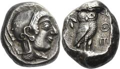 Greek Coins. Attica, Athens. Tetradrachm circa 500-480, AR 17.50 g. Head of Athena r., wearing crested Attic helmet and earring. Rev. AΘΕ Owl standing r. with closed wings, head facing; in upper l. fi
