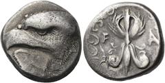 Greek Coins. Elis, Olympia. Stater unsigned by Da circa 400, 93rd Olympiad, AR 11.93 g. Eagle's head l., below, poplar leaf. Rev. F – A Winged thunderbolt flanked by two olive twigs. BMC 40 (these die