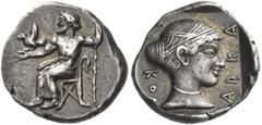 Greek Coins. Tegeia. Arcadian league. Hemidrachm circa 460-450, AR 3.03 g. Zeus Lykaios seated l. on low throne with swan's head at the top of the backrest, holding sceptre and eagle with open wings o