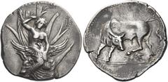 Greek Coins. Crete, Gortyna. Stater circa 330-270, AR 11.22 g. Europa, nude to the waist, seated facing in tree, raising her veil with r. hand and holding in l. arm an eagle with spread wings; below h