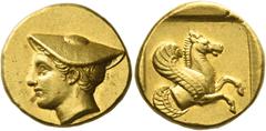 Greek Coins. Lampsacus. Stater circa 394-350, AV 8.41 g. Head of Hermes l., wearing large brimmed causia. Rev. Forepart of Pegasus r. within incuse square. Boston, MFA 1589 (these dies). SNG France 11