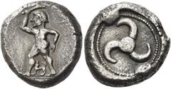 Greek Coins. Dynasts of Lycia, Uncertain, circa 500 – 440. Stater circa 500-440, AR 9.78 g. Heracles, naked, advancing l., raising club; below, a small dog standing l. and looking upwards. Rev. Triske
