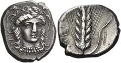 Greek Coins. Metapontum. Nomos circa 400-340, AR 7.92 g. Facing head of Demeter, slightly r., wearing barley wreath and necklace with pendants; above, [ΣΩTHEPIA]. Rev. MET[A] Ear of barley with leaf r