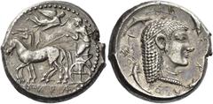 Greek Coins. Syracuse. Tetradrachm circa 500-480, AR 17.29 g. Slow quadriga driven l. by charioteer, holding kentron and reins; above, Nike flying r. to crown him; in exergue, ΣVRA. Rev. Σ[V] – R –Aφ 