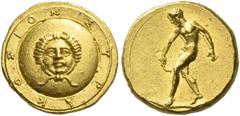 Greek Coins. Syracuse. Tetralitron circa 406, AV 3.48 g. ΣΥΡΑΚΟΣΙOΝ Circular shield decorated at centre with a facing gorgoneion. Rev. Ephebe, in the form of a naked athlete, standing l., holding stri