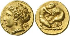Greek Coins. Syracuse. Double decadrachm or 100 litrae circa 405-400, AV 5.82 g. ΣΥΡΑΚΟΣIΟ Head of the nymph Arethusa l., wearing necklace, bar and triple-pendant earring; hair elaborately waved and c