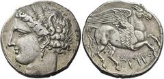 Greek Coins. The Carthaginians in Sicily and North Africa. 5 shekels or decadrachm, uncertain mint in Sicily circa 260, AR 38.07 g. Head of Tanit (Kore-Persephone) l., wearing barley wreath and earrin