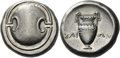 Greek Coins. Boeotia, Thebes. Stater, magistrate Klion, circa 368-364, AR 12.22 g. Boeotian shield. Rev. Amphora; in field, KΛI – ΩN. All within concave circle. Hepworth 70. BCD Boiotia 532. About ext