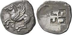 Greek Coins. Corinthia, Corinth. Stater circa 545-500, AR 8.41 g. Bridled Pegasus flying l.; below, koppa. Rev. Quadripartite incuse square with projections in each quarter. Ravel 39. SNG Fitzwilliam 