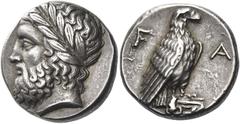 Greek Coins. Olympia, Elis. Tetradrachm 356, the 106th Olympiad, AR 12.24 g. Laureate head of Zeus l. Rev. F – A Eagle standing r., with closed wings, on Ionic capital. Jameson 2102 (this coin). Seltm