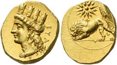 Greek Coins. Cyprus, Evagoras II, 361 – 351. Stater circa 361-351, AV 8.17 g. EYA Turreted head of Aphrodite l. Rev. [BA] Lion standing l., devouring prey; eagle on its back; above, star. BMC p. cv, 1