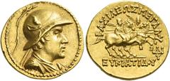 Greek Coins. Kingdom of Bactria, Eucratides I, circa 171 – 145. Stater, Pushkalavati circa 170-145, AV 8.46 g. Draped bust r., wearing helmet, adorned with bull's horn and ear. Rev. BAΣIΛEΩΣ MEΓAΛΟΥ /