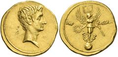 The Roman Empire. Octavian, 32 – 27. Aureus circa 29-27 BC, AV 7.80 g. Bare head r. Rev. IMP – CAESAR Victory standing facing on globe, head l., holding wreath and standard. C 113. BMC 622. Bahrfeldt 