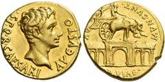 The Roman Empire. Octavian as Augustus, 27 BC – 14 AD. Aureus, Colonia Patricia circa 18-17 BC, AV 7.89 g. S P Q R CAESARI AVGVSTO Bare head r. Rev. QV –OD VIAE – MVN SVNT Emperor, crowned by Victory,