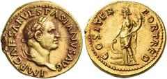 The Roman Empire. Vespasian, 69 – 79. Aureus 70, AV 7.37 g. IMP CAESAR VESPASIANVS AVG Laureate head r. Rev. COS ITER – FORT RED Fortuna standing l., holding cornucopia; in l. field, prow. C 83. BMC –