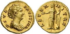 The Roman Empire. Faustina I, wife of Antoninus Pius. Diva Faustina. Aureus after 141, AV 7.29 g. DIVA – FAVSTINA Draped bust r., hair waved and coiled on top of head. Rev. AETER – NITAS Fortuna stand