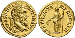 The Roman Empire. Pertinax, 1 January – 28 March 193. Aureus 1 January – 28 March 193, AV 7.19 g. IMP CAES P HELV – PERTIN AVG Laureate head r. Rev. LAETITIA TE – MPOR COS II Laetitia standing l., hol