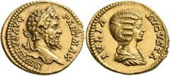 The Roman Empire. Septimius Severus, 193 – 211. Aureus 201, AV 7.35 g. SEVERVS AVG – PART MAX Laureate head r. Rev. IVLIA – AVGVSTA Draped bust r. C –. BMC 192 note. RIC 161a. Calicó 2588. Rare. Two s