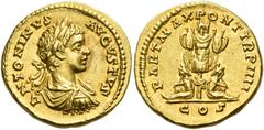 The Roman Empire. Caracalla augustus, 198 – 217. Aureus, Laodicea (?) 201, AV 7.09 g. ANTONINVS – AVGVSTVS Laureate, draped and cuirassed bust r. Rev. PART MAX PONT TR P IIII Trophy; on either side, c