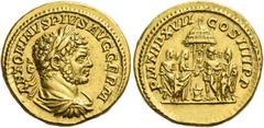 The Roman Empire. Caracalla augustus, 198 – 217. Aureus 214, AV 7.43 g. ANTONINVS PIVS AVG GERM Laureate, draped and cuirassed bust r. Rev. P M TR P XVII – COS IIII P P Caracalla in military attire, s