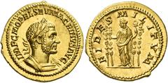 The Roman Empire. Macrinus, 217 – 218. Aureus 217, AV 6.53 g. IMP C M OPEL SEV MACRINVS AVG Laureate and cuirassed bust r. Rev. FIDES MILITVM Fides standing facing, head l.; in field, four standards. 