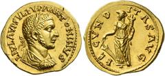 The Roman Empire. Uranius Antoninus, 253 – 254. Aureus, Emesa 253-254, AV 5.84 g. L IVL AVR SVLP VRA ANTONINVS Laureate, draped and cuirassed bust r. Rev. FE – CVND – ITAS AVG Fortuna standing l., hol