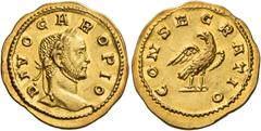 The Roman Empire. Carus, 282 – 283. Divo Caro. Aureus, Lugdunum 283, AV 4.35 g. DIVO CARO PIO Laureate head r. Rev. CONSECRATIO Eagle standing r. on ground line, head l., wings open. C 14. Bastien 618