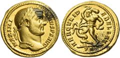 The Roman Empire. Maximianus Herculius, 286 – 308. Aureus circa 293-294, AV 5.52 g. MAXIMI – ANVS P F AVG Laureate head r. Rev. HERCVLI D – EBELLAT Hercules standing l., fighting Hydra with club in r.