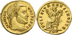 The Roman Empire. Galerius Maximianus augustus, 305 – 311. Aureus, Ticinum circa 305, AV 4.86 g. MAXIMIA – NVS P F AVG Laureate head r. Rev. FELICITAS AVGG NOSTR Felicitas seated l., holding caduceus 