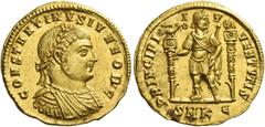 The Roman Empire. Constantine II caesar, 316 – 337. Solidus, Cyzicus 325, AV 4.45 g. CONSTANTINVS IVN NOB C Laureate, draped and cuirassed bust r. Rev. PRINCIPI – I – V – VENTVTIS Prince standing faci