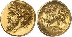 GREEK WORLD Tauric Chersonese Pantikapaion. Gold Stater circa 340-330 BC. Head of bearded Pan with goat's ear and hair adorned with ivy to left / Griffin left, on a corn ear. 9,19g. Gulbenkian 585-586
