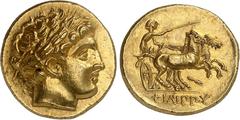 GREEK WORLD Macedonian Kingdom Philip II, 359-336 BC. Gold Stater, struck under Philip III or Kassander circa 323-315 BC, Pella. Laureate head of Apollo right / Charioteer driving galloping biga right