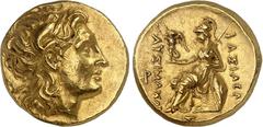 GREEK WORLD Thracian Kingdom Lysimachos, 323-281 BC. Gold Stater circa 286-281 BC, Pella. Head of Alexander the Great right, wearing a diadem and the horn of Ammon / Athena, helmeted, enthroned left, 