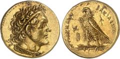 GREEK WORLD Egypt Ptolemy II Philadelphos, 285-246 BC. Gold Pentadrachm, Alexandria. Diademed head of Ptolemy I right, wearing aegis around neck / Eagle standing left on thunderbolt; to left, monogram