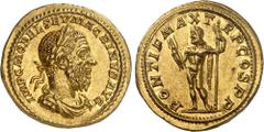 ROMAN EMPIRE Macrinus, 217-218. Aureus 217, Antiochia. IMP C M OPEL SEV MACRINVS AVG Laureate, draped and cuirassed bust of Macrinus right / PONTIF MAX T-R P COS P P Jupiter sanding left, holding thun