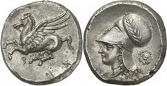 Corinthie Corinthe. Statère vers 340 av. J.-C. 8,54g. Pégase volant à gauche; dessous, Ï™ / Tête d’Athéna portant un casque corinthien décoré d’une couronne de lauriers à gauche; sous le menton, A-I; 