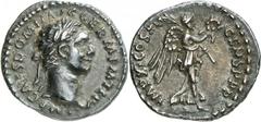 Domitien Auguste 81-96. Quinaire 85. 1,69g. IMP CAES DOMIT AVG GERM P M TR P V Tête laurée de Domitien à droite / IMP XI COS XI CENS P P P Victoire marchant à droite, tenant une grande palme sur son é