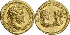 Septime Sévère 193-211. Aureus 201-202. 7,08g. SEVERVS AVG PART - MAX P M TR P VIII Tête laurée de Septime Sévère à droite / AETERNIT IMPERI Bustes drapés face à face de Caracalla, lauré, et de Geta, 