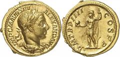 Sévère Alexandre 222-235. Aureus 225. 6,20g. IMP C M AVR SEV ALEXAND AVG Buste lauré, drapé et cuirassé d’Alexandre Sévère à droite / P M TR P IIII - COS P P Alexandre Sévère debout à gauche, tenant u