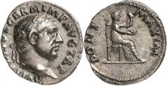EMPIRE ROMAIN Vitellius 69. Denier. A VITELLIVS GER IMP AVG TR P Tête laurée de Vitellius à droite / PONT - MAX Vesta, voilée, assise à droite sur un trône et tenant un sceptre et une patère. 2.94g. C