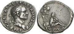 EMPIRE ROMAIN Vespasien, 69-79. Denier 71. IMP CAESAR VESPASIANVS AVG, Tête laurée de Vespasien à droite / IVDAEA La Judée assise à droite et se lamentant aux pieds d’un trophée. 3,49g. C. 226 ; BMC 3