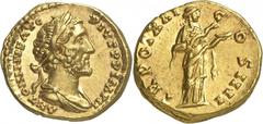 EMPIRE ROMAIN Antonin le Pieux 138-161. Aureus 157-158. ANTONINVS AVG - PIVS P P IMP II Buste lauré, drapé et cuirassé d'Antonin le Pieux à droite / TR POT XXI - C-OS IIII La Santé debout à droite, do
