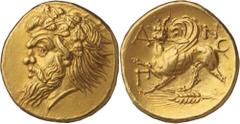 Black Sea Area. The Tauric Chersonese. Pantikapaion. Stater, c. 340 - 330 BC. (Gold, 9.19g., 20mm). Head of a satyr to left, with a pointed beard, a goat’s ear and a pug nose, wearing an ivy wreath / 