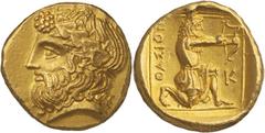 Northern Greece. Islands of Thrace, Thasos. Half-Stater or Drachm, c. 380 BC. (Gold, 3.95g., 12.9mm). Bearded head of Dionysos to left, wearing ivy wreath / ΘΑΣΙΟΝ Herakles, wearing lion-skin headdres