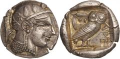 Central Greece. Attica, Athens. Tetradrachm c. 455 - 449 BC. (Silver, 17.23g., 25mm). Head of Athena right, wearing an Attic helmet adorned with three olive leaves and a sprig with palmette, and a rou