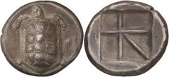 Central Greece. Islands off Attica, Aegina. Stater, c. 370 - 350 BC. (Silver, 12.21g., 20.9mm). Tortoise seen from above / Regular incuse square divided into five compartments by a skew pattern made f