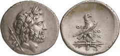 Asia Minor. Caria, Oinoanda. Didrachm, c. 200 BC. (Silver, 8.26g., 22mm). Laureate head of Zeus to right; behind, Α and lotos-tipped scepter / ΟΙ-ΝΟ/ΑΝ Eagle with closed wings standing right on winged